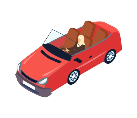 Isometric arab family composition with view of muslim woman driving cabrio car on blank background vector illustration