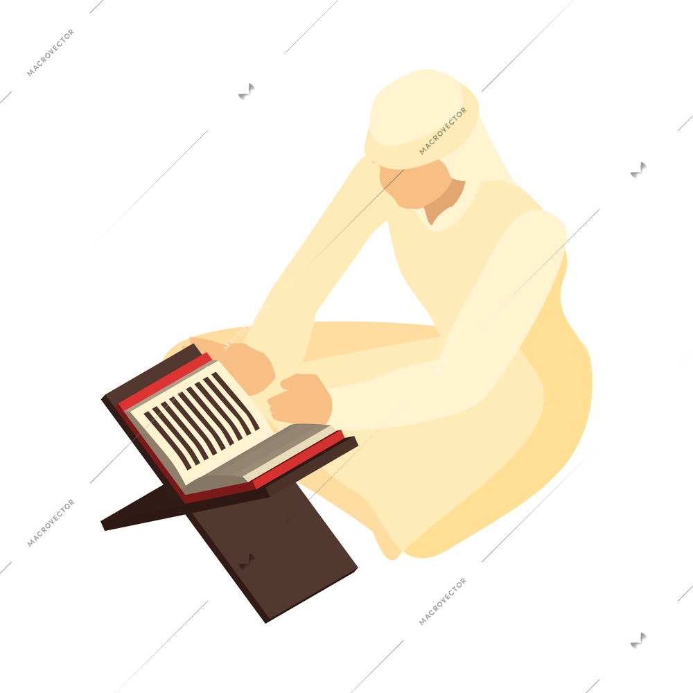 Isometric arab family composition with view of muslim man sitting floor reading book on stand on vector illustration