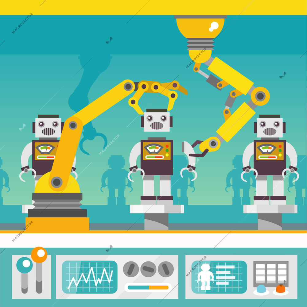 Robotic arm mechanic equipment assembling  robots on factory concept flat vector illustration