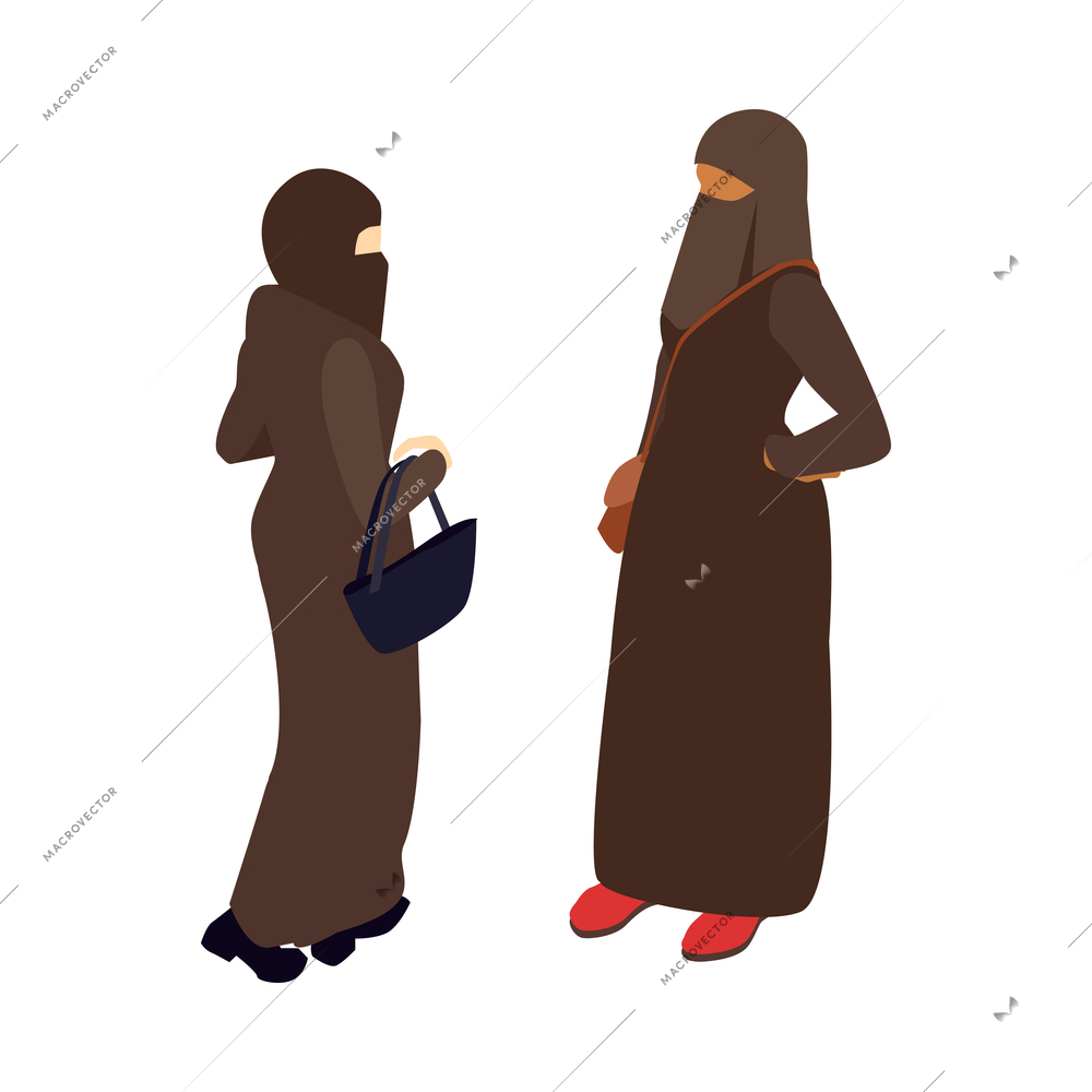 Isometric arab family composition with isolated characters of muslim women wearing head covering hijab vector illustration