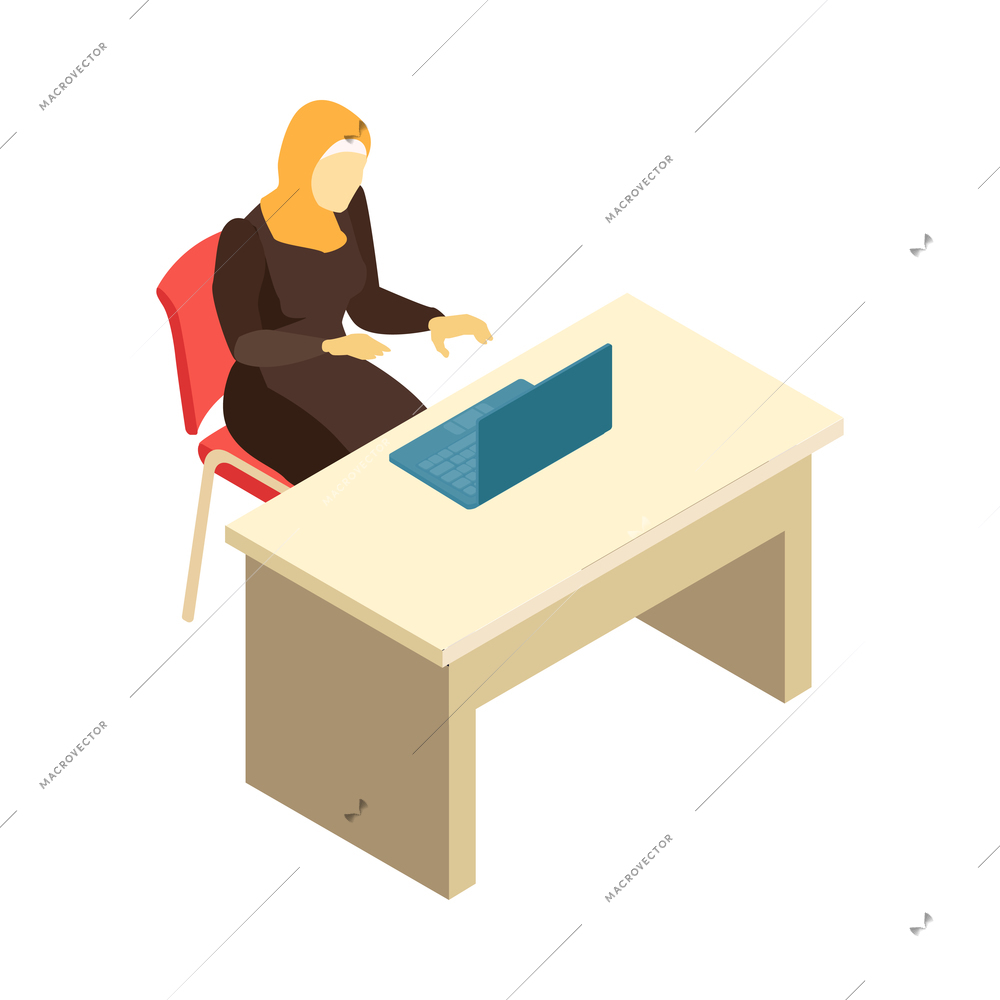 Isometric arab family composition with character of working woman at table with laptop on blank background vector illustration