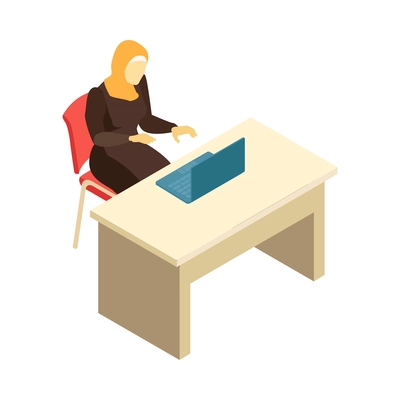 Isometric arab family composition with character of working woman at table with laptop on blank background vector illustration