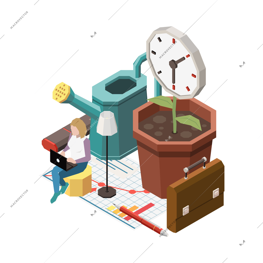 Time management planning schedule deadline isometric composition with character of female worker and clock plant vector illustration