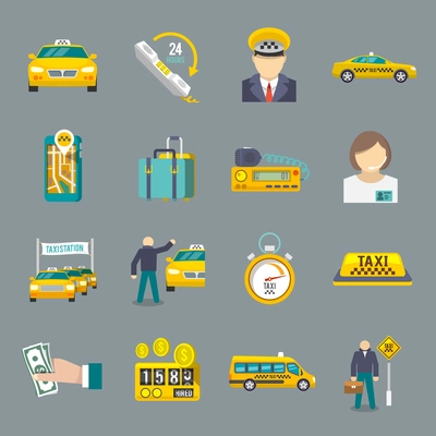 Taxi driver transportation service icons flat set isolated vector illustration.