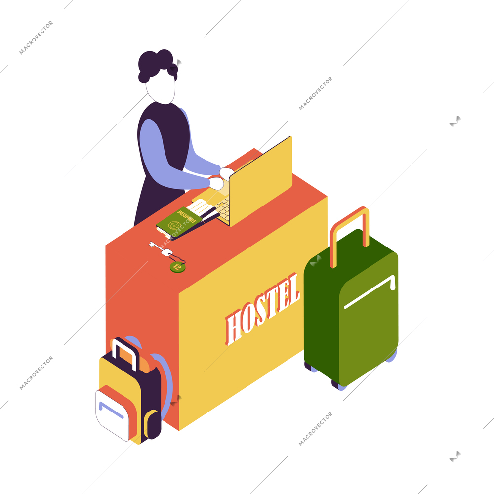 Hostel isometric composition with isolated view of reception counter with keys passports and female receptionist vector illustration