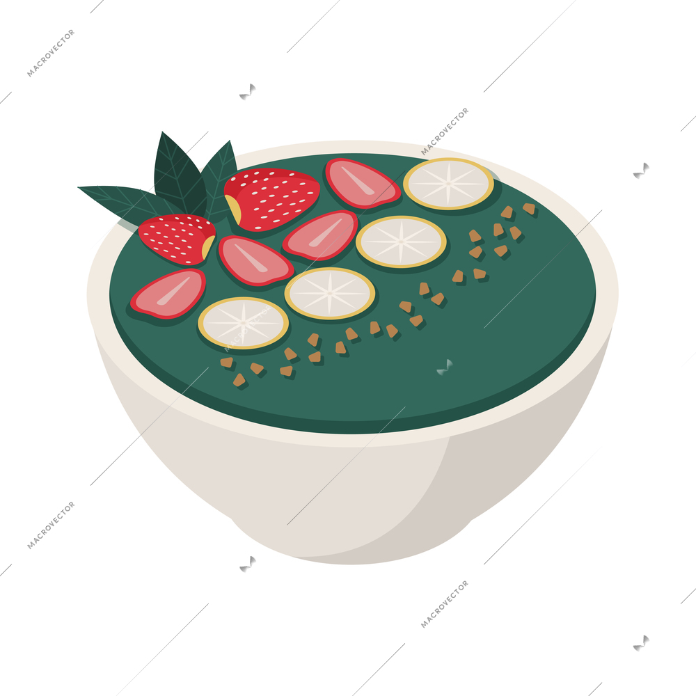 Spirulina isometric composition with isolated image of dish with spirulina leaves and fruit slices vector illustration