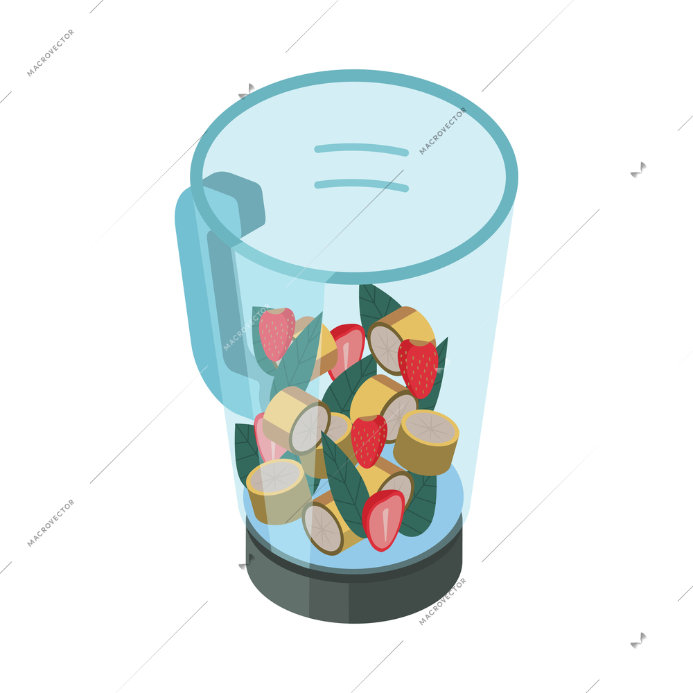 Spirulina isometric composition with isolated image of blender cup with spirulina and fruit slices vector illustration
