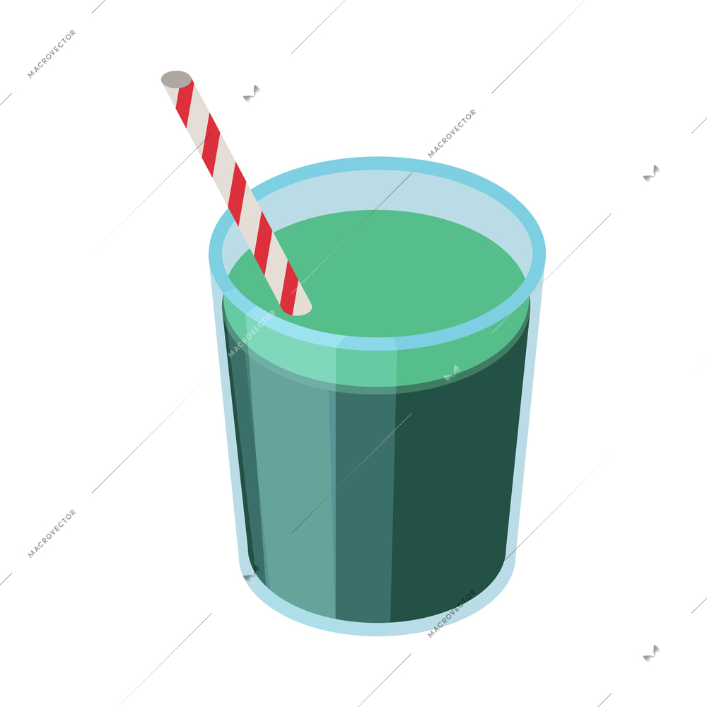 Spirulina isometric composition with isolated image of glass with green cocktail and drinking straw vector illustration