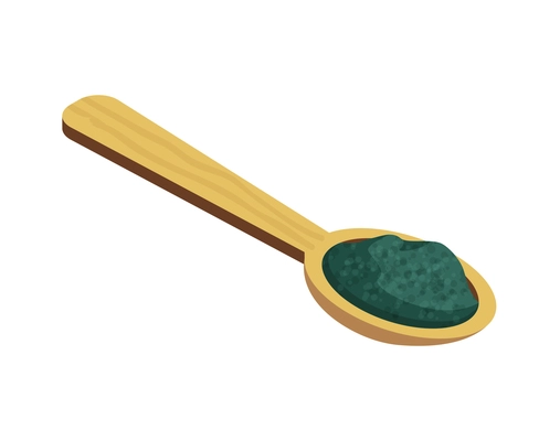 Spirulina isometric composition with isolated image of wooden spoon with spirulina powder on blank background vector illustration