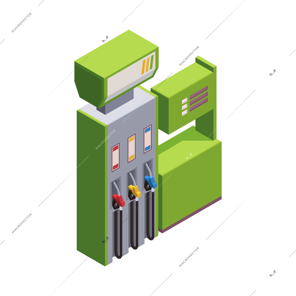Gas station isometric composition with isolated image of petrol pump with nozzles on blank background vector illustration