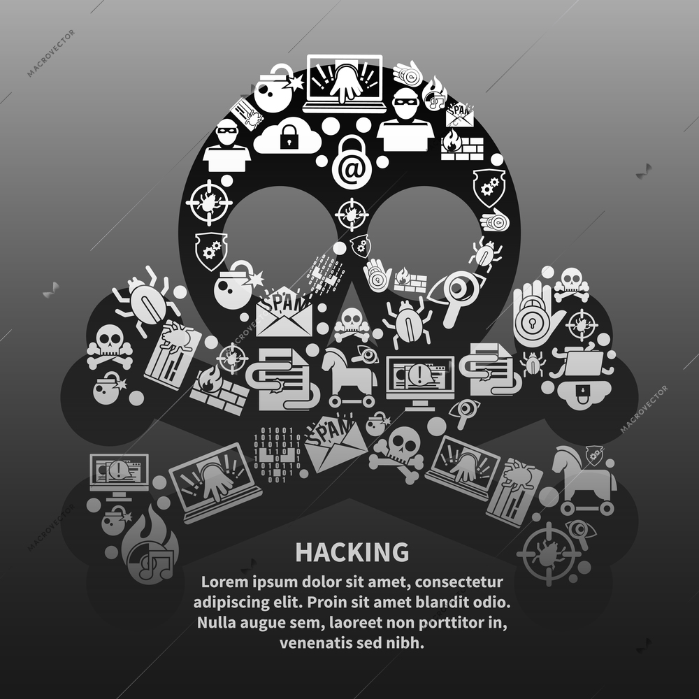 Hacker skull and bones made of danger and protection icons poster vector illustration