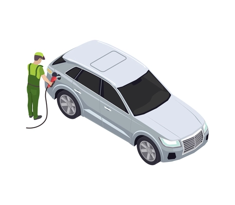 Gas station isometric composition with isolated image of car being refueled by worker on blank background vector illustration