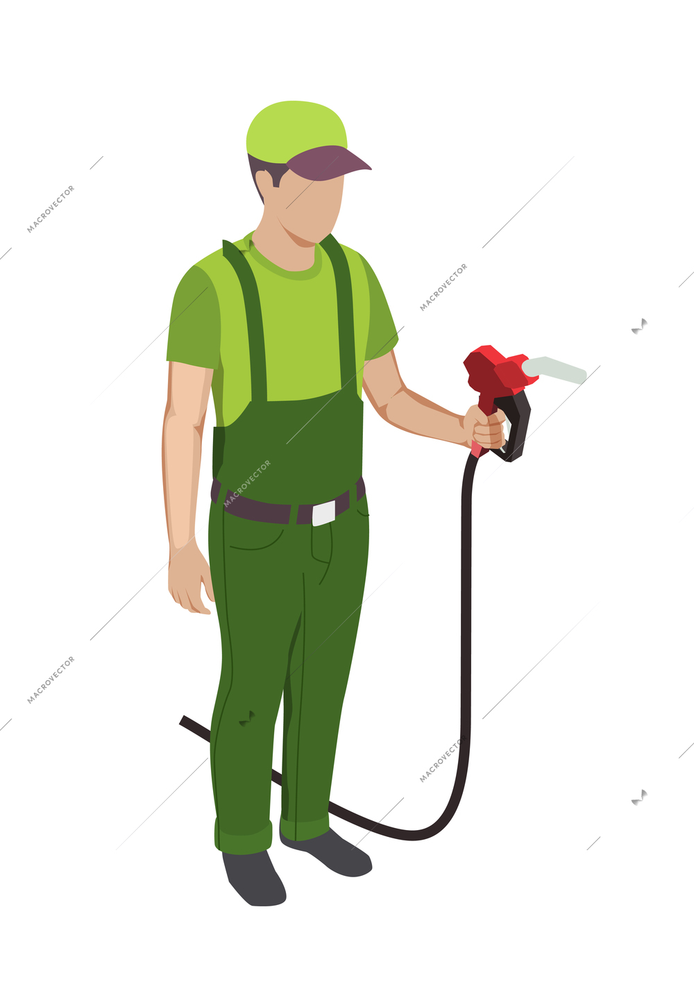 Gas station isometric composition with isolated character of worker in uniform holding nozzle on blank background vector illustration