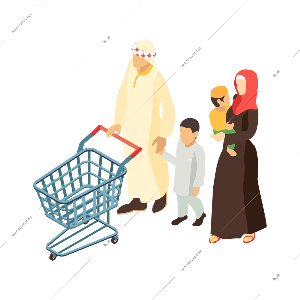 Isometric arab family composition with view of family members in supermarket with trolley cart vector illustration