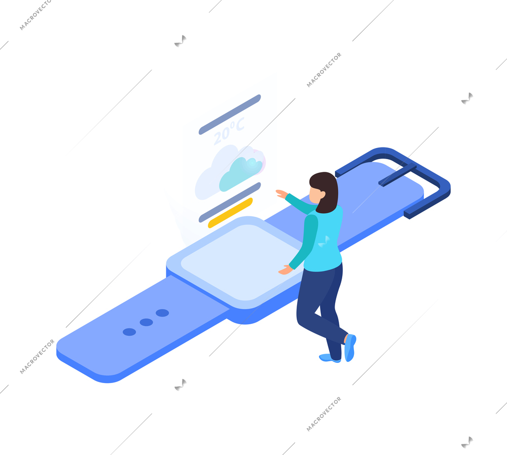 Virtual augmented information isometric composition with female character with smart watch and holographic weather widget vector illustration