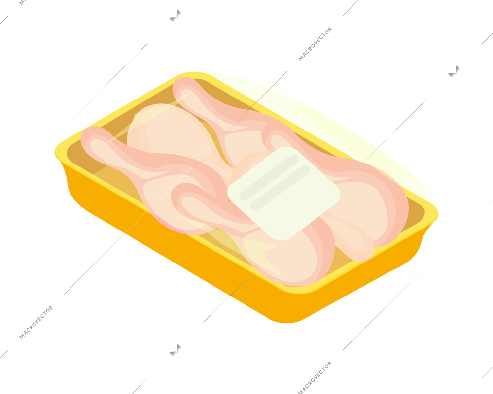 Chicken farm isometric composition with isolated image of semi finished product package with chicken legs vector illustration