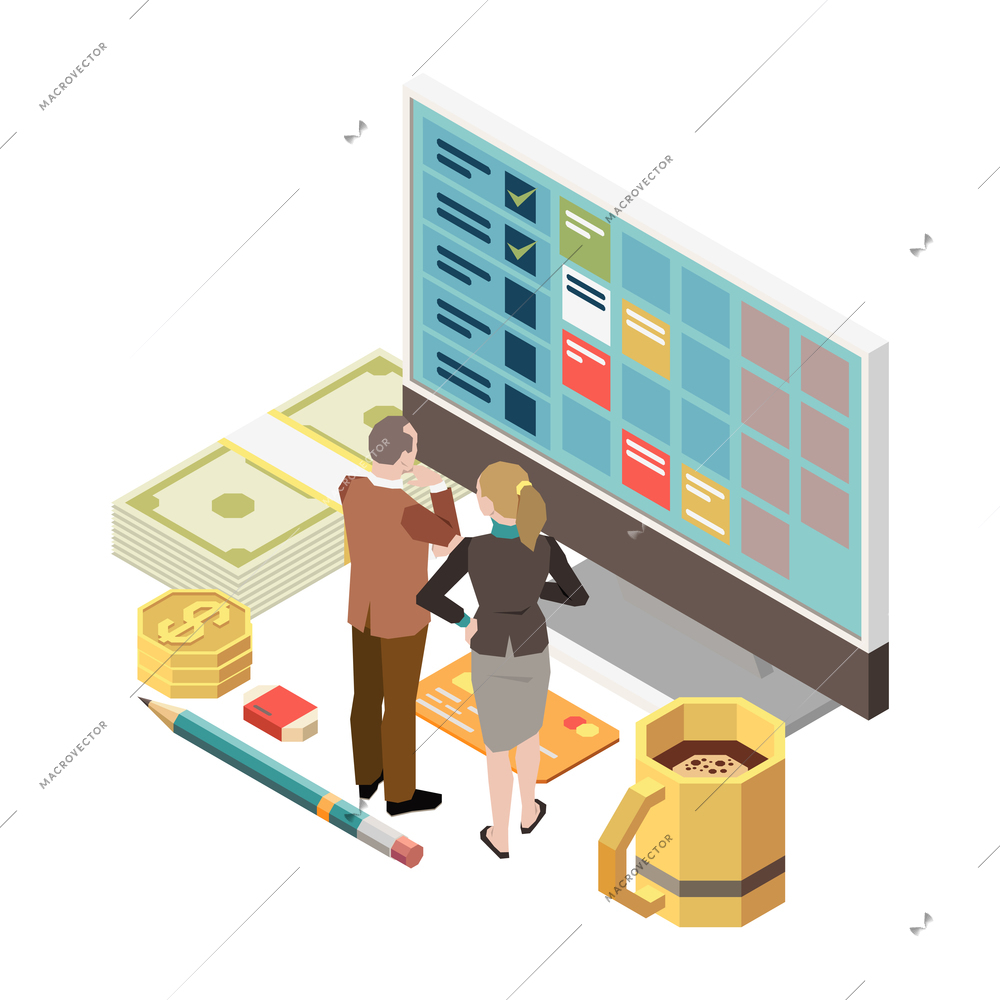 Time management planning schedule deadline isometric composition with characters of workers and calendar with tasks vector illustration