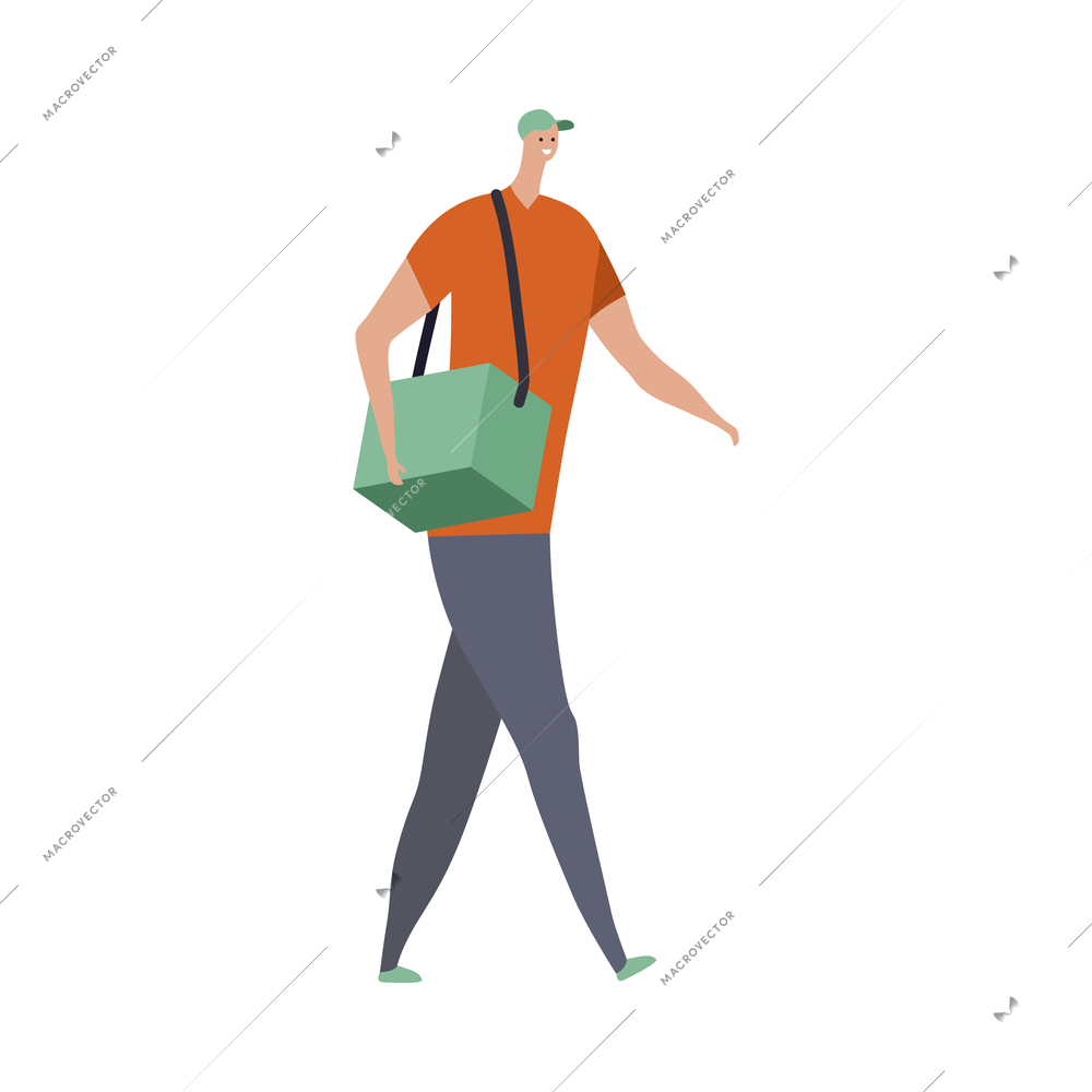 Cafe people flat composition with isolated character of walking man delivering bag with food vector illustration