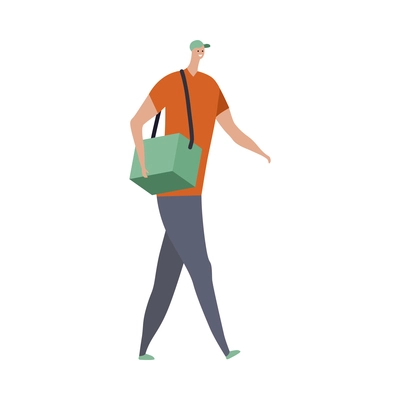 Cafe people flat composition with isolated character of walking man delivering bag with food vector illustration