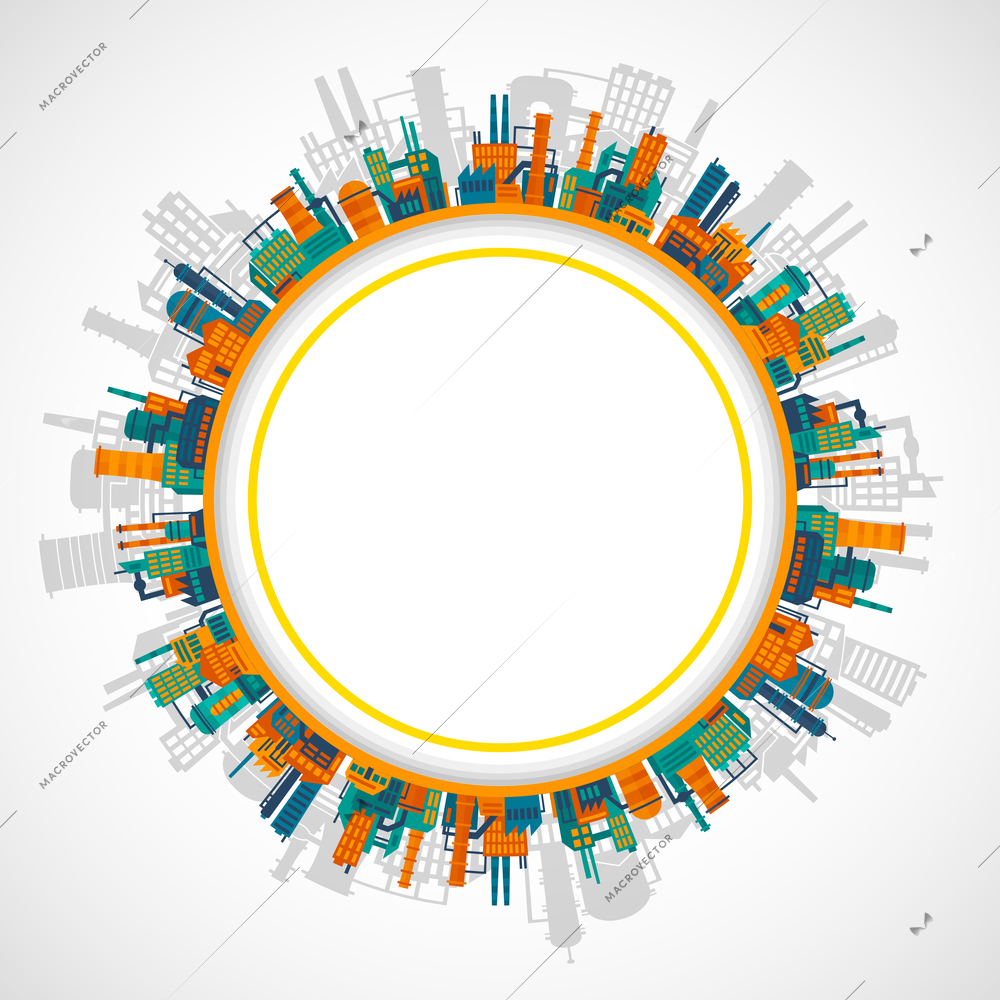 Factory building industry and technology background with plants in circle vector illustration.