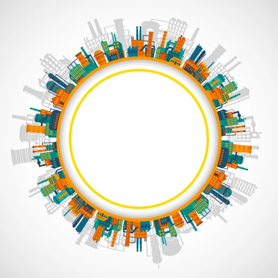 Factory building industry and technology background with plants in circle vector illustration.