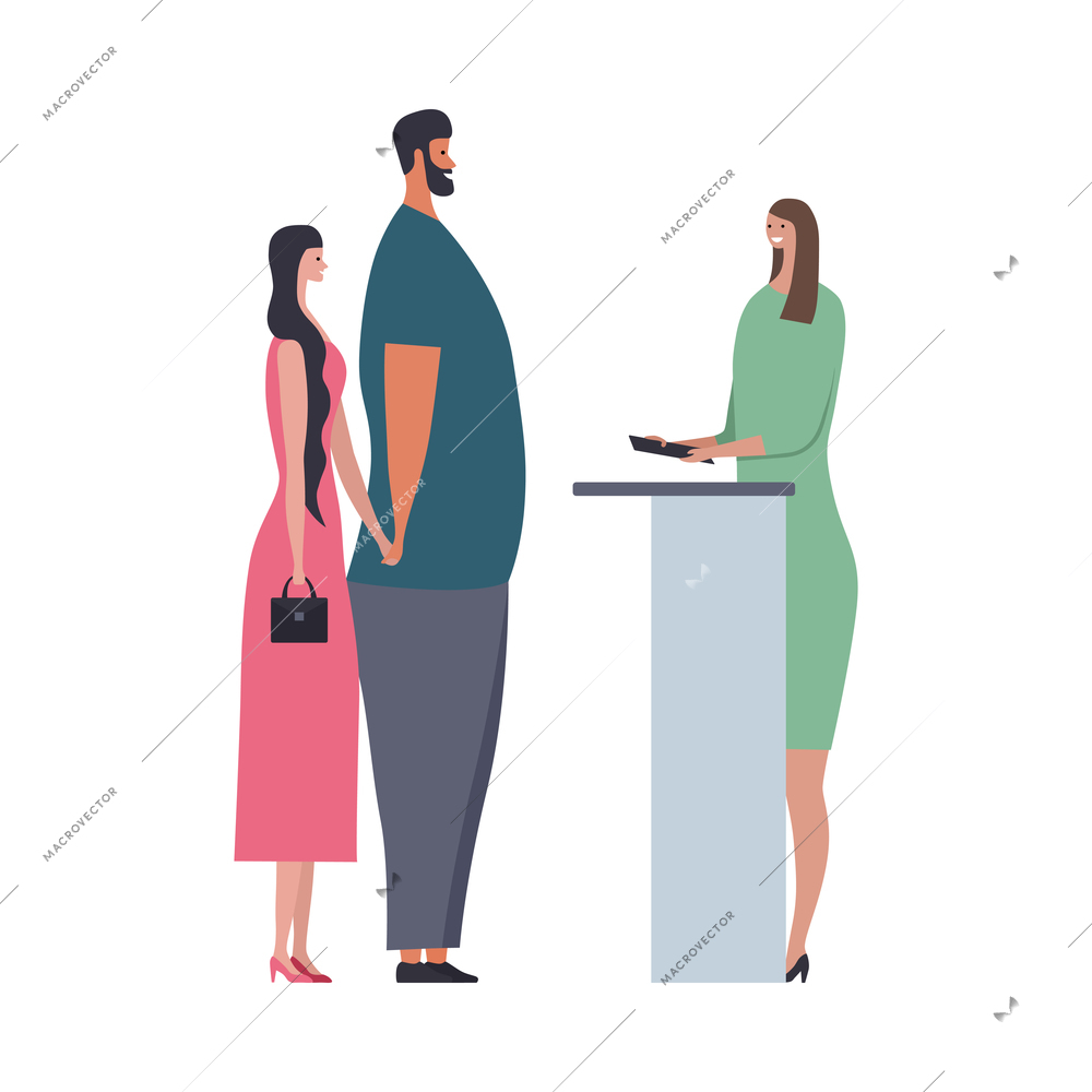 Cafe people flat composition with isolated characters of guests couple and female hostess at counter vector illustration