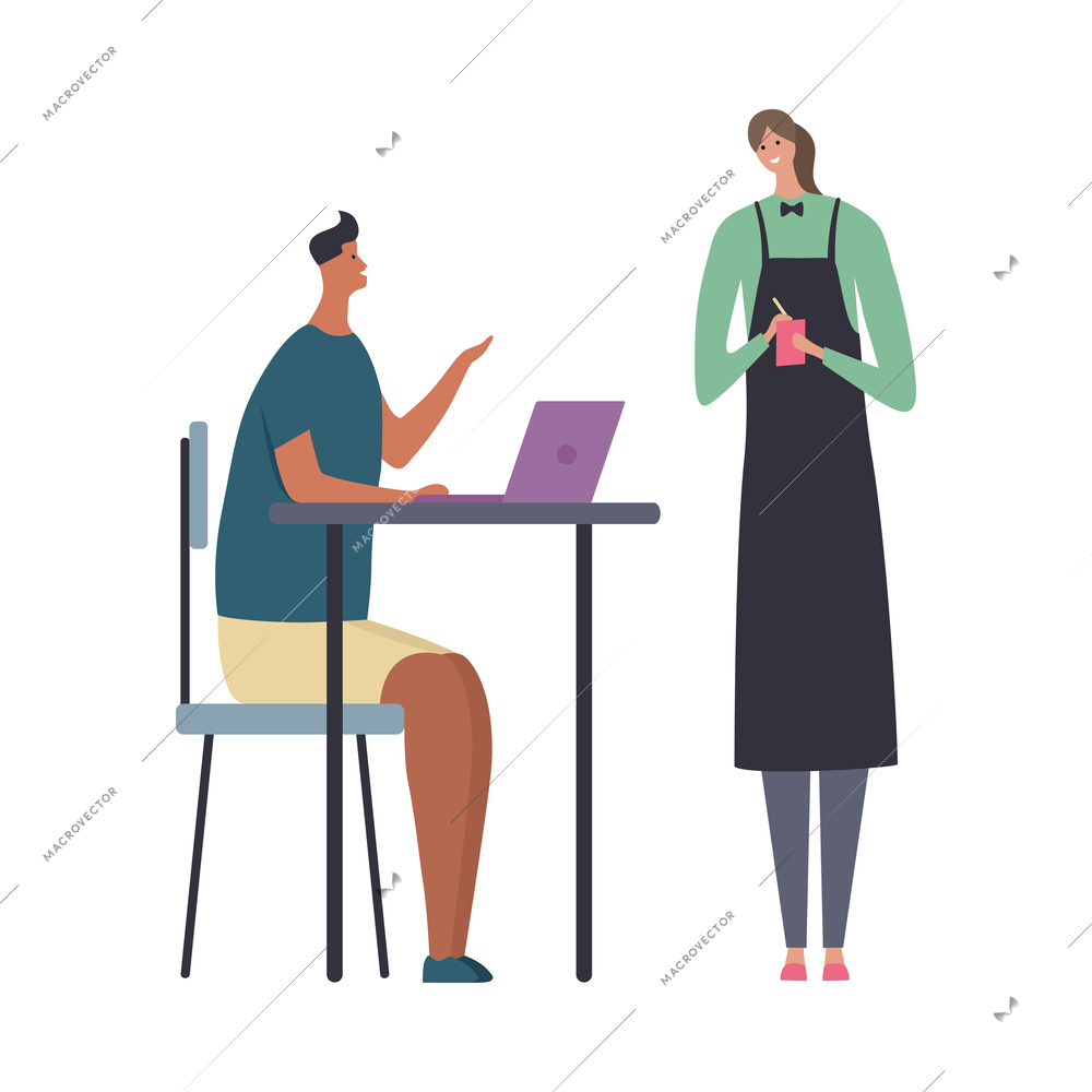 Cafe people flat composition with isolated characters of waitress and sitting male guest making order vector illustration