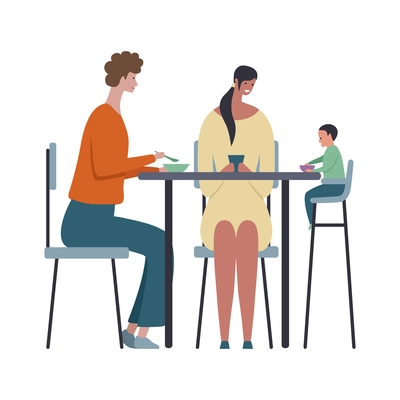 Cafe people flat composition with isolated characters of family members sitting at table having breakfast vector illustration