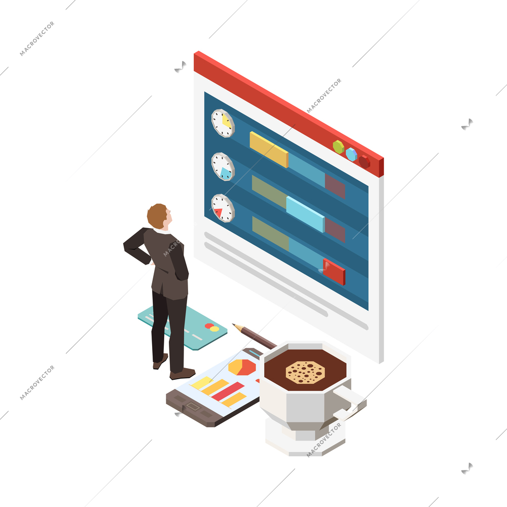 Time management planning schedule deadline isometric composition with character of worker and screen with timing app vector illustration
