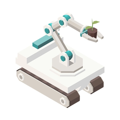 Modern greenhouse vertical farming isometric composition with isolated image of robot crawler moving grown plants vector illustration