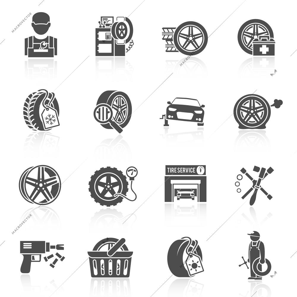 Tire wheel service car auto mechanic repair work icons black set isolated vector illustration