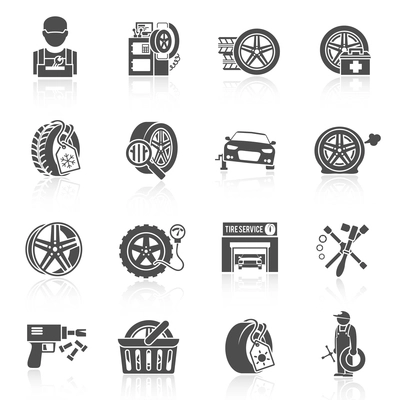 Tire wheel service car auto mechanic repair work icons black set isolated vector illustration