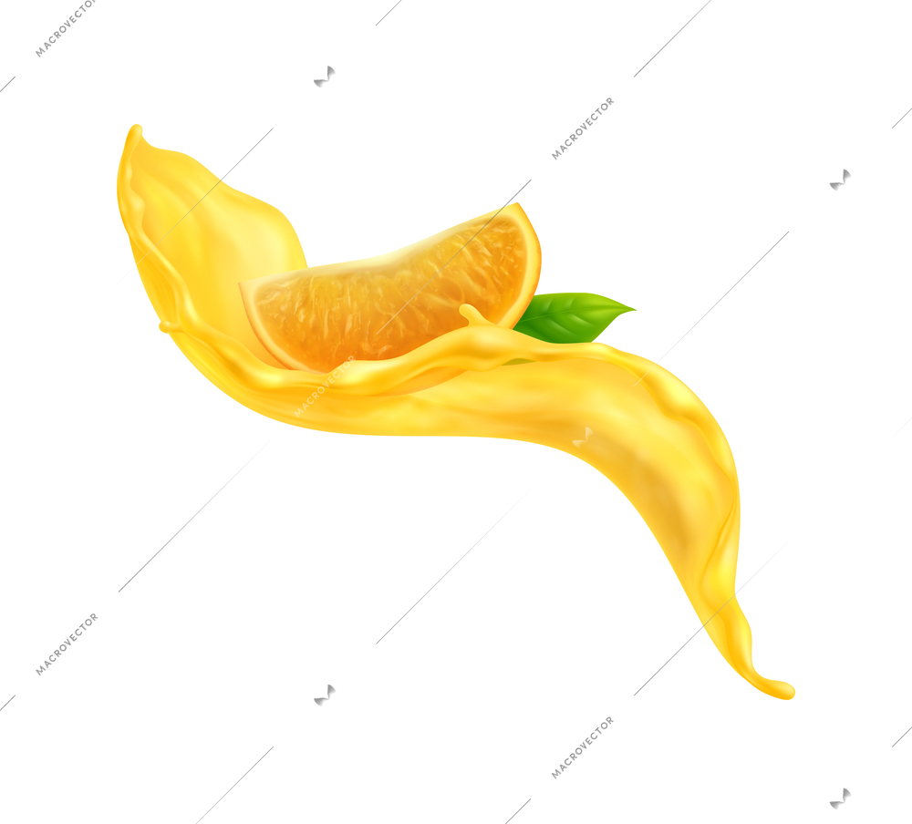 Orange juice splashes composition with isolated image of liquid flow with drops and slice with leaf vector illustration