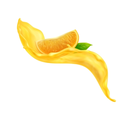 Orange juice splashes composition with isolated image of liquid flow with drops and slice with leaf vector illustration