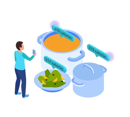 Virtual augmented information isometric composition with character of man checking food calories with smartphone application vector illustration