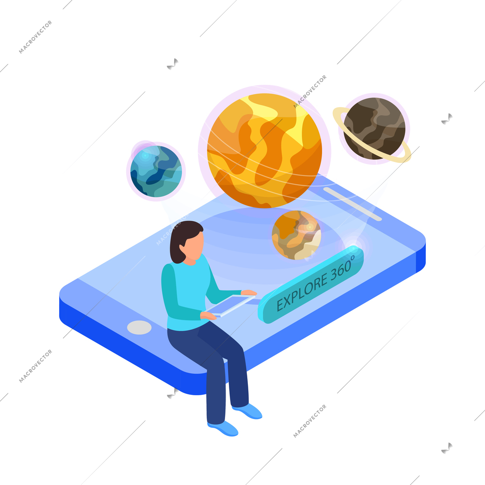 Virtual augmented information isometric composition with character of woman visualizing planets with smartphone app vector illustration