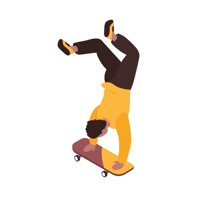 Isometric extreme street sport city parkour composition with character of boy standing on hands on skateboard vector illustration