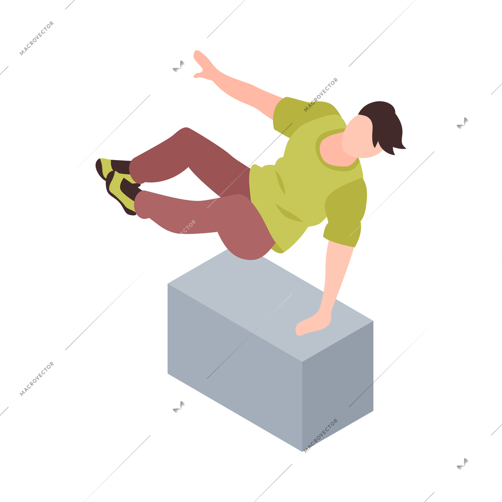 Isometric extreme street sport city parkour composition with human character of boy jumping over concrete barrier vector illustration