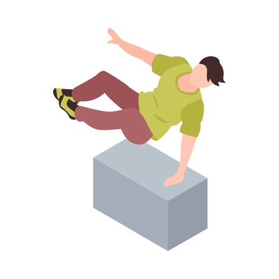 Isometric extreme street sport city parkour composition with human character of boy jumping over concrete barrier vector illustration