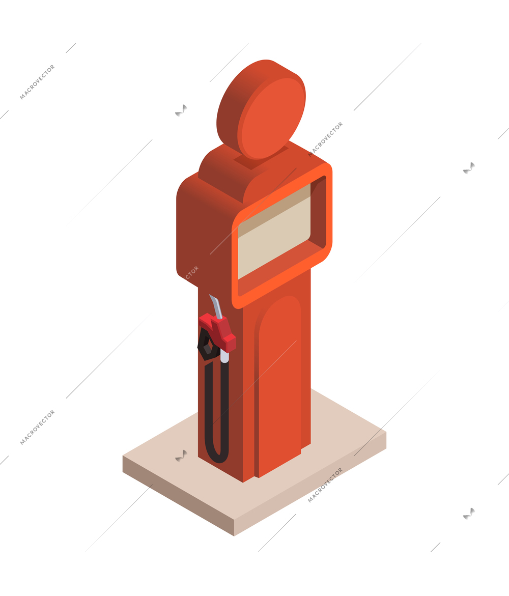 Gas station isometric composition with isolated image of petrol pump with nozzle on blank background vector illustration