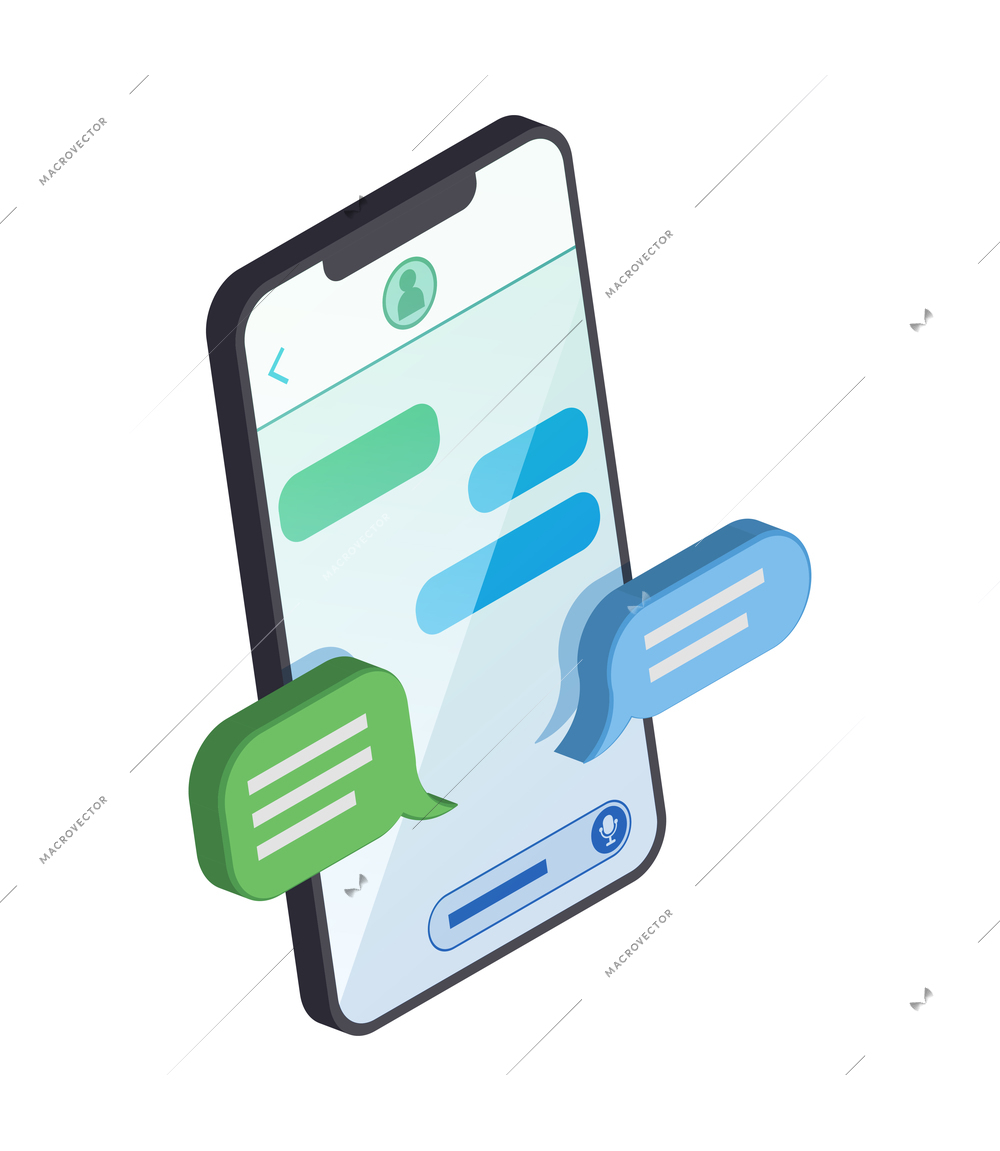 Social network isometric icons composition with image of smartphone with chat bubbles on blank background vector illustration