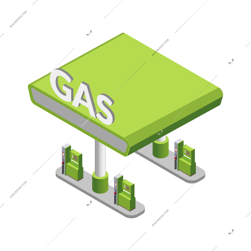 Gas station isometric composition with isolated image of gas station with pumps under roof shelter vector illustration