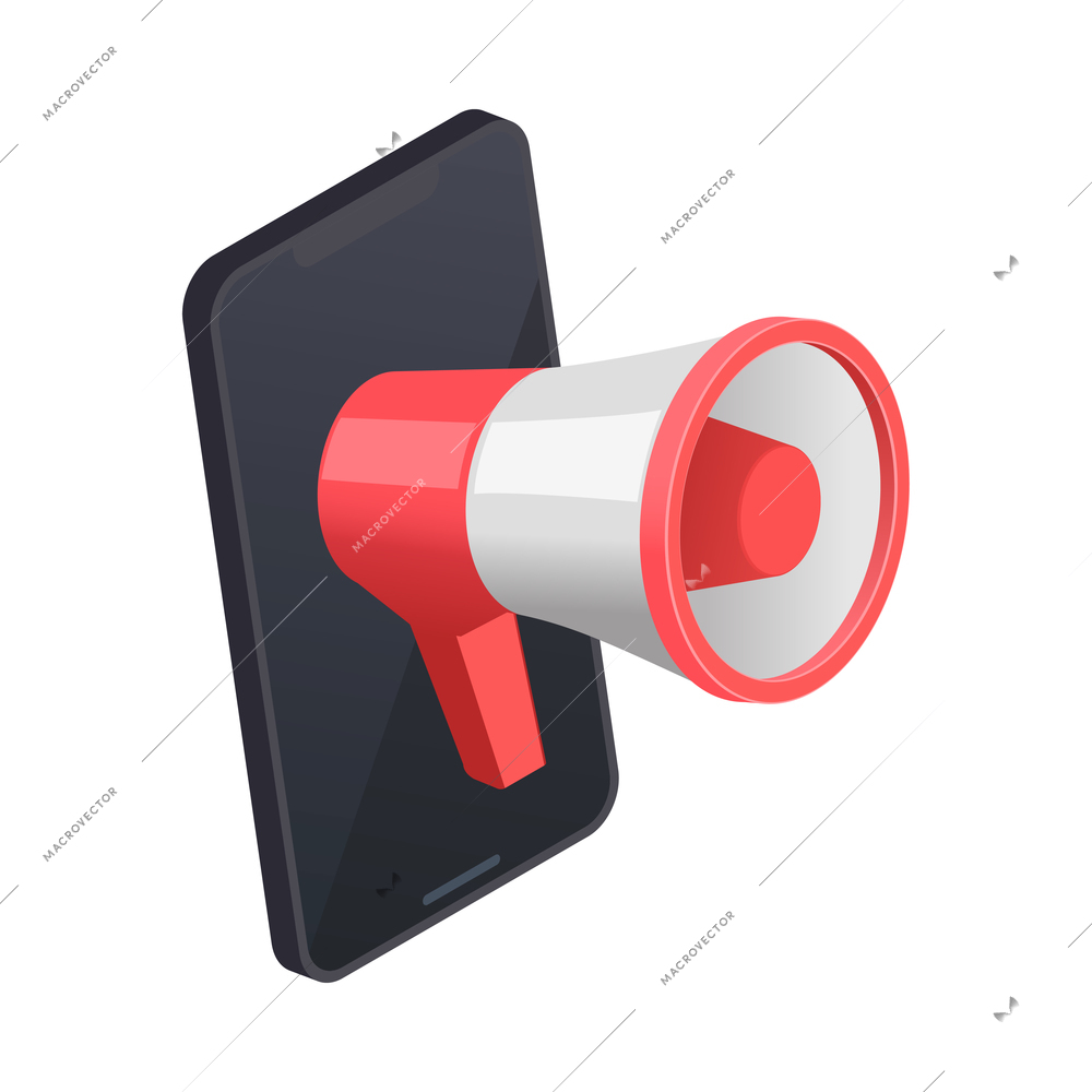 Social network isometric icons composition with image of smartphone with megaphone on blank background vector illustration