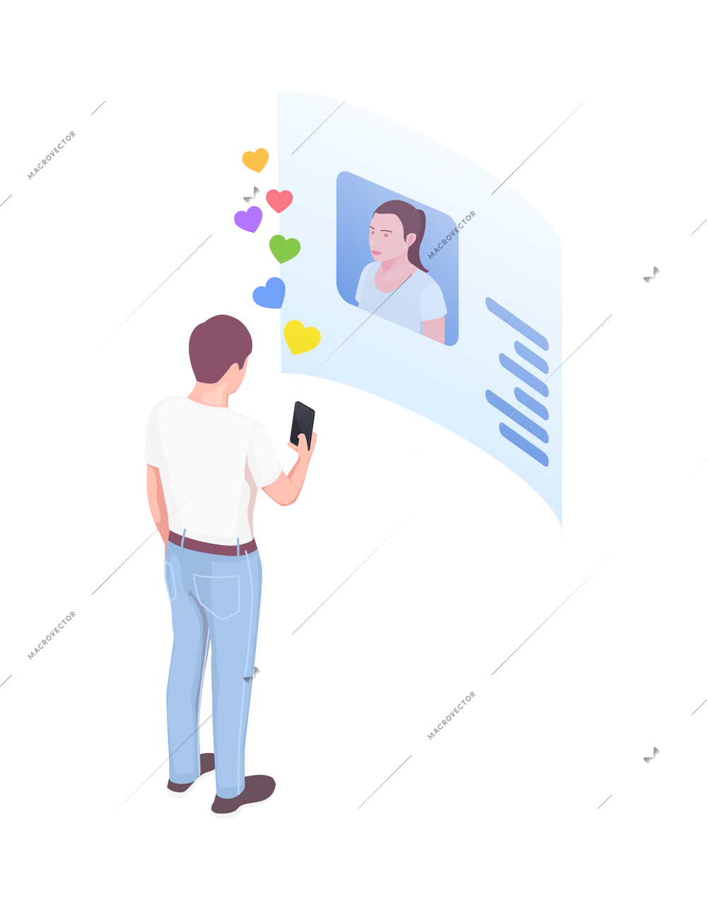 Social network isometric icons composition with character of male user upvoting female profile with heart symbols vector illustration