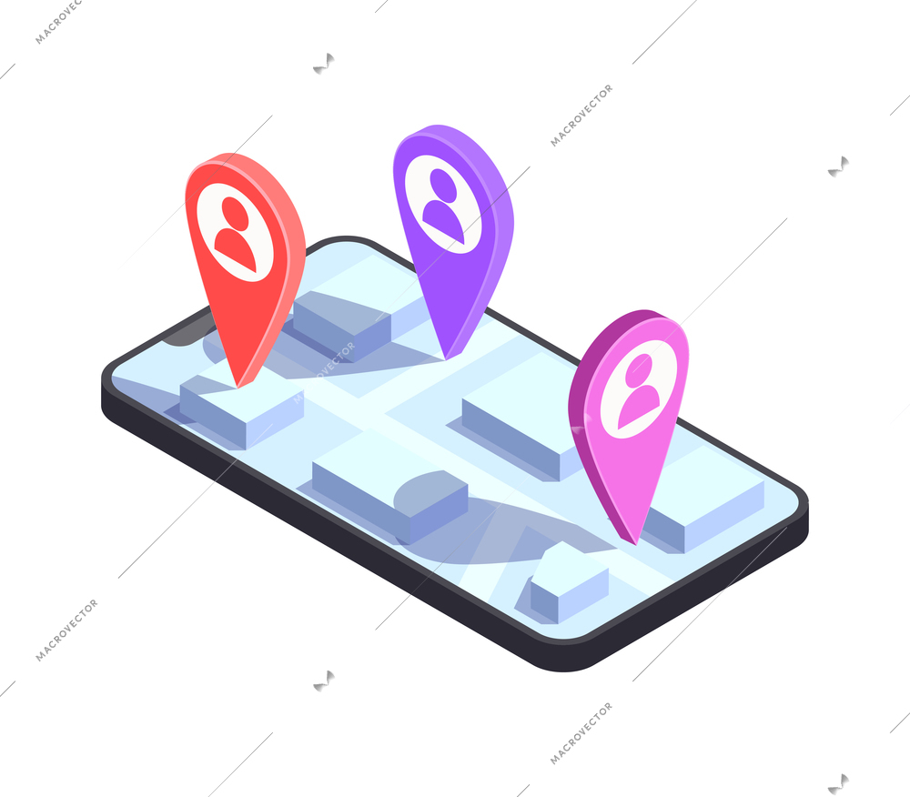 Social network isometric icons composition with image of smartphone with city map and location signs vector illustration