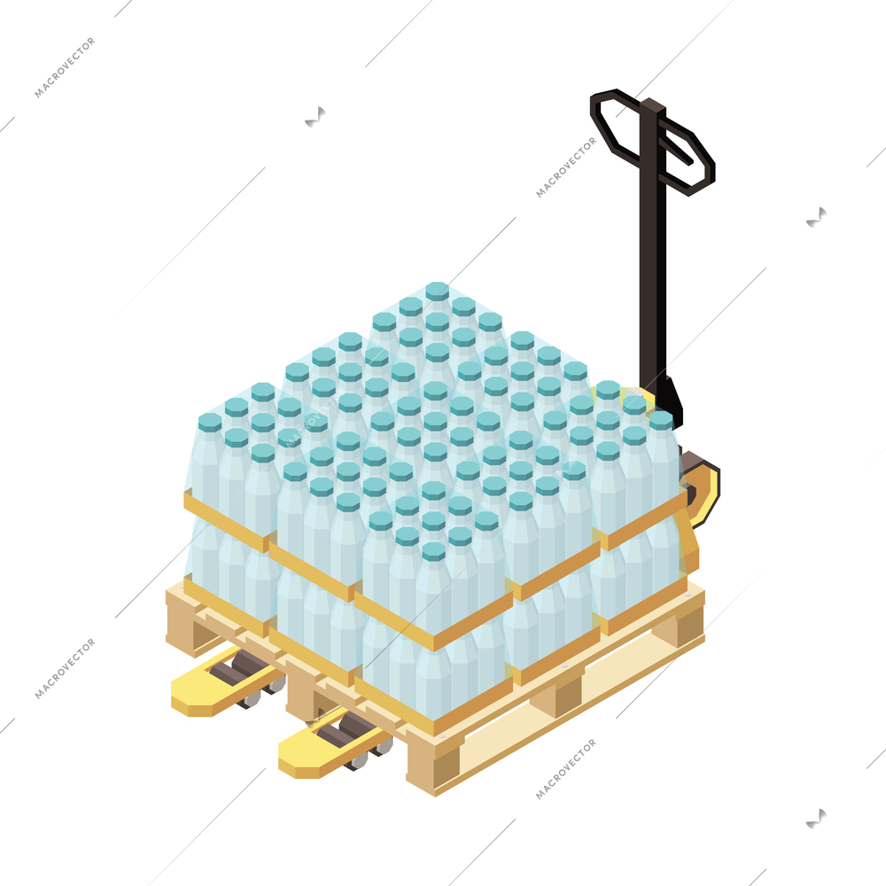 Milk production isometric composition with isolated image of wheel cart with pallet and milk bottles vector illustration