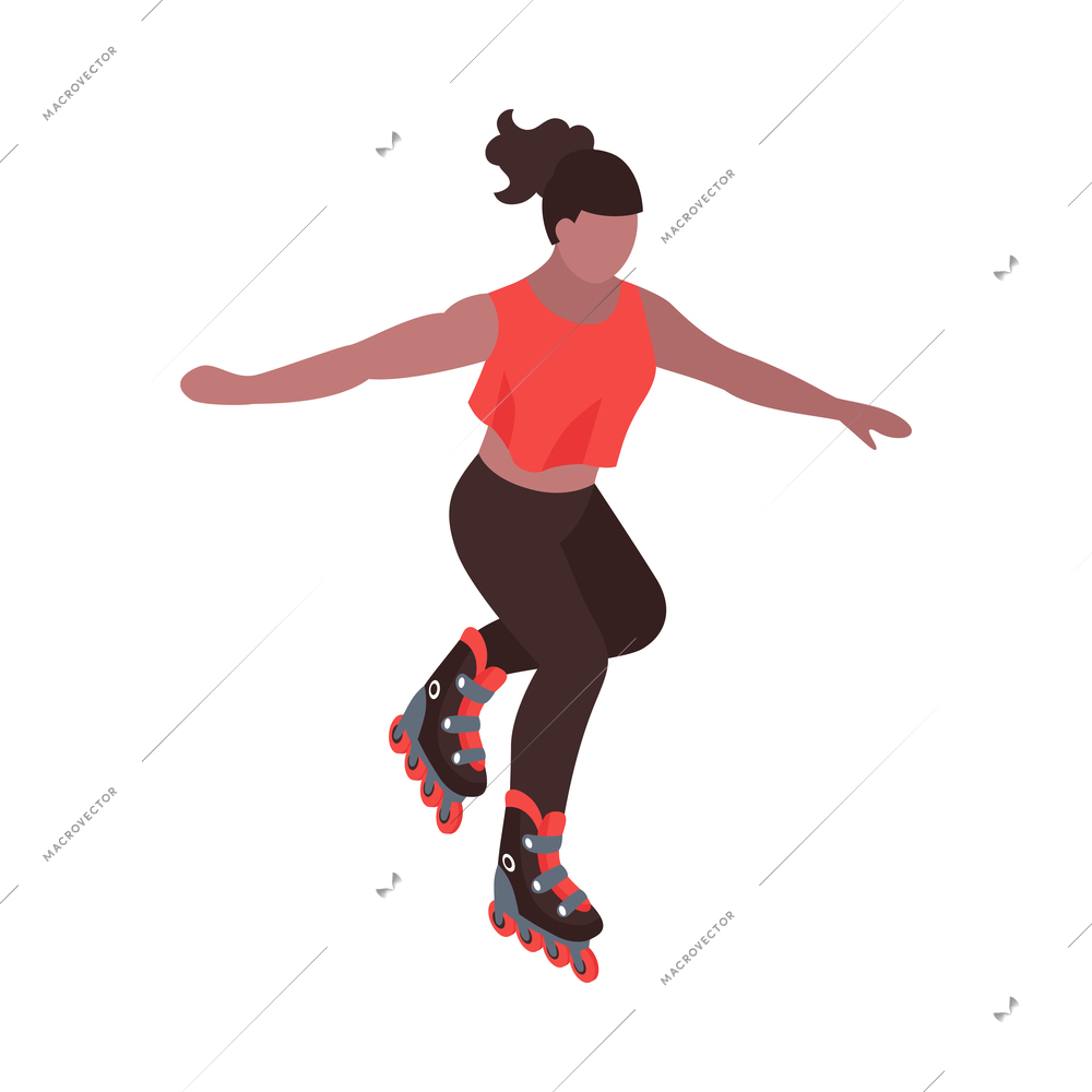 Isometric extreme street sport city parkour composition with isolated human character of roller skating girl vector illustration