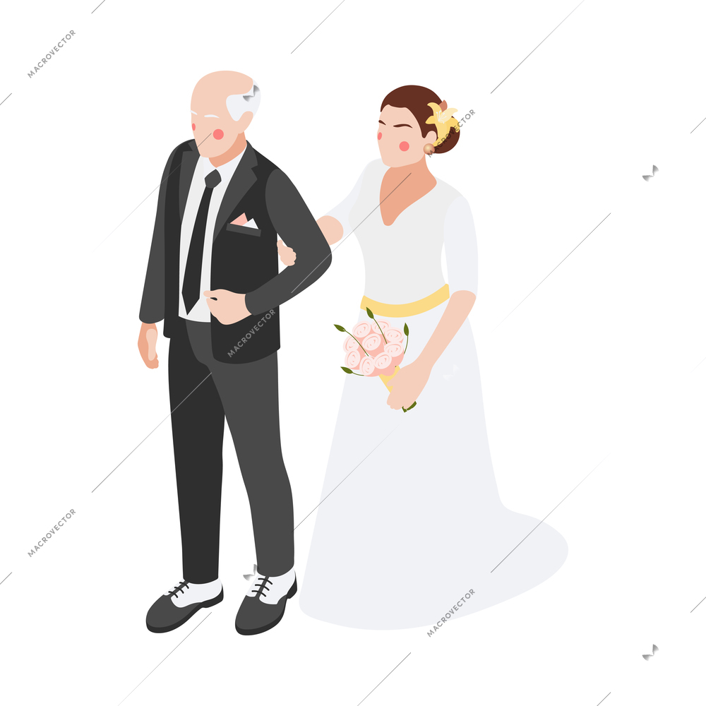 Wedding isometric composition with isolated human characters of elderly groom and young bride on blank background vector illustration