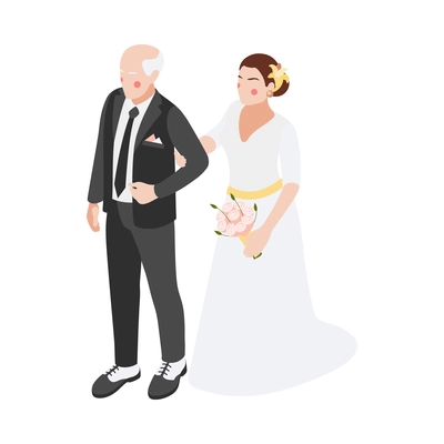 Wedding isometric composition with isolated human characters of elderly groom and young bride on blank background vector illustration