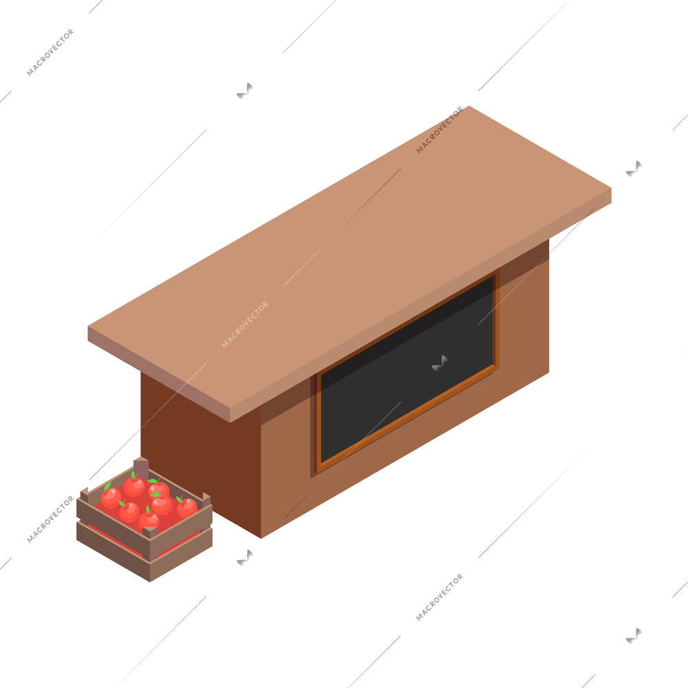 Local farm market isometric composition with isolated image of barn building with box of tomatoes vector illustration